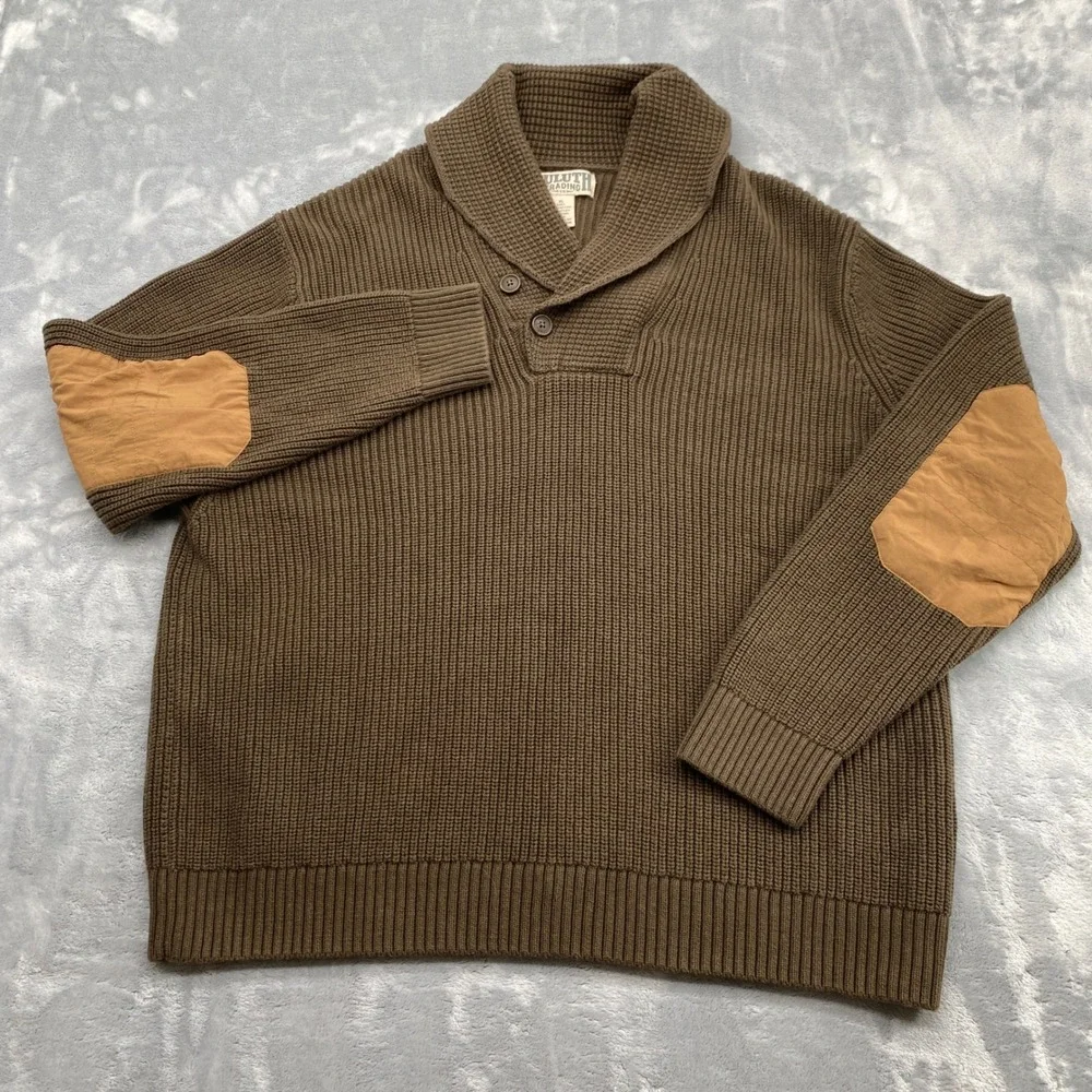 Duluth Trading Co Mens XL Brown Shawl Collar Ribbed Heavy Sweater Elbow Patches